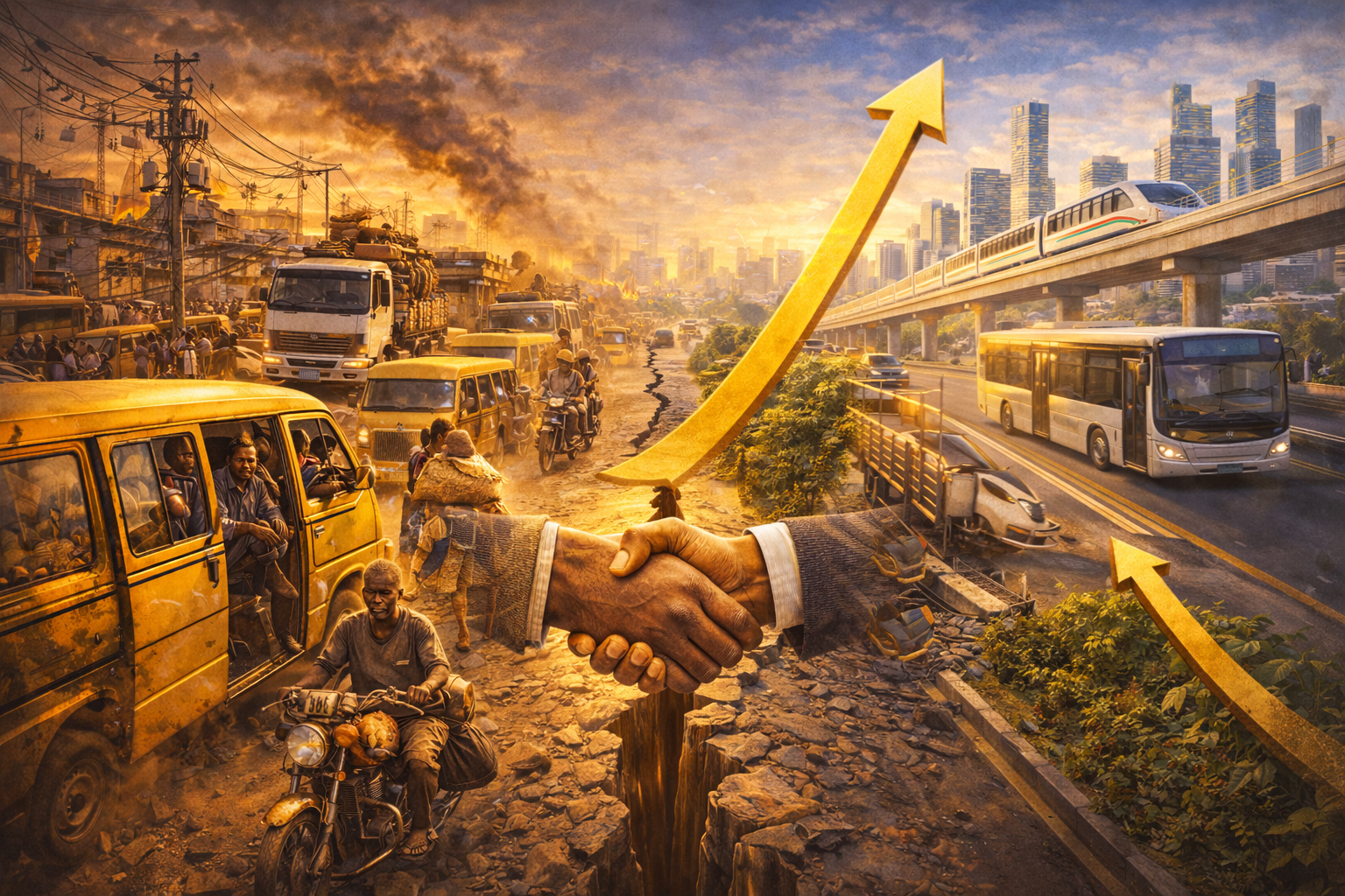 A split urban scene showing chaotic, congested road transport with minibuses and motorcycles on one side contrasted with a modern elevated rail and organized public transit on the other, connected by a handshake and upward arrows symbolizing reform, investment, and progress.