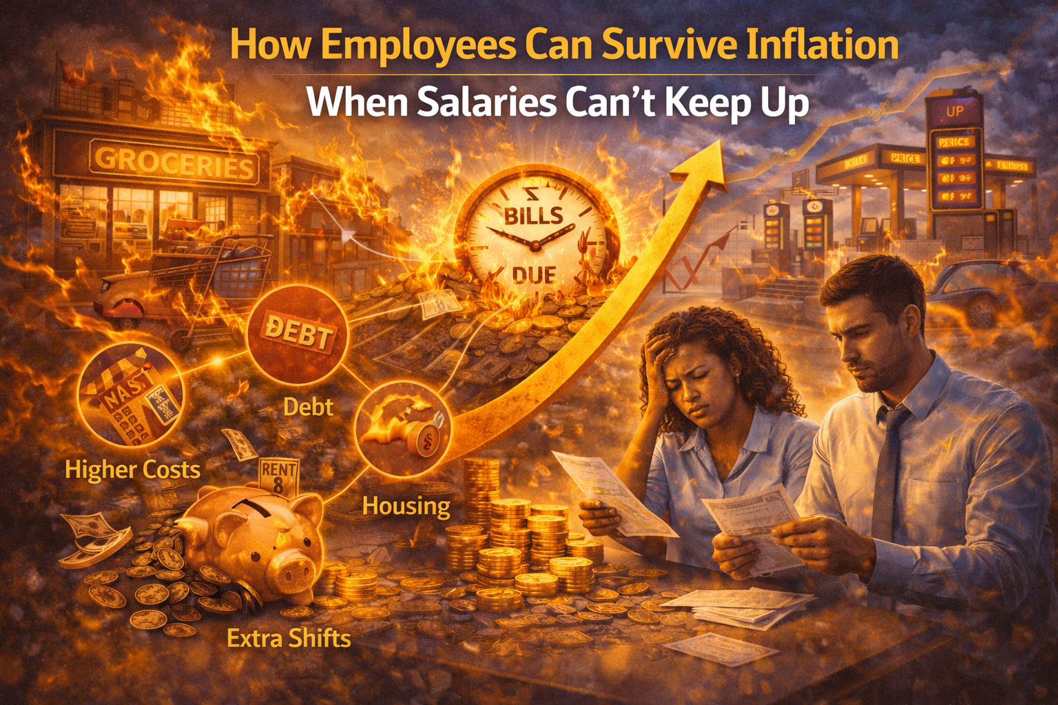An intense illustration showing a stressed couple reviewing bills as rising prices, debt, rent, and groceries appear in flames around them, with an upward arrow symbolizing inflation and the growing cost of living outpacing salaries.
