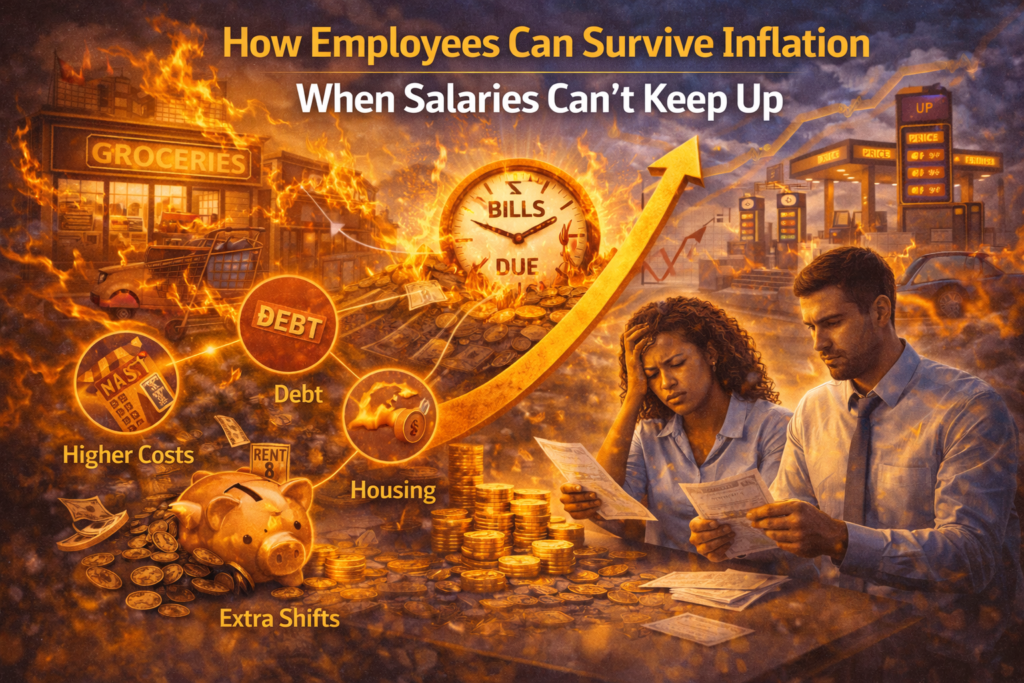 An intense illustration showing a stressed couple reviewing bills as rising prices, debt, rent, and groceries appear in flames around them, with an upward arrow symbolizing inflation and the growing cost of living outpacing salaries.