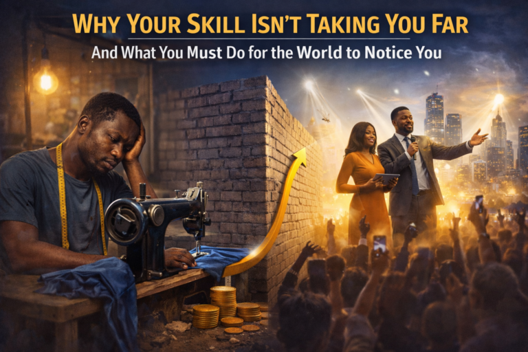 A split-scene image showing a skilled tailor working alone with a sewing machine on one side, appearing frustrated and unnoticed, contrasted with a confident speaker and host addressing a large audience on a brightly lit stage, symbolizing the gap between skill and visibility.