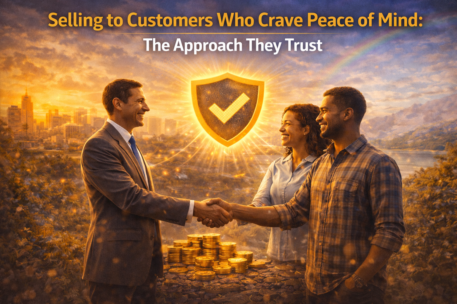 An illustration showing a stressed business owner reviewing documents while surrounding scenes depict customers living calmly inside protective bubbles with secure finances, digital tools, and stable livelihoods, symbolizing the peace-of-mind market and unmet customer needs.