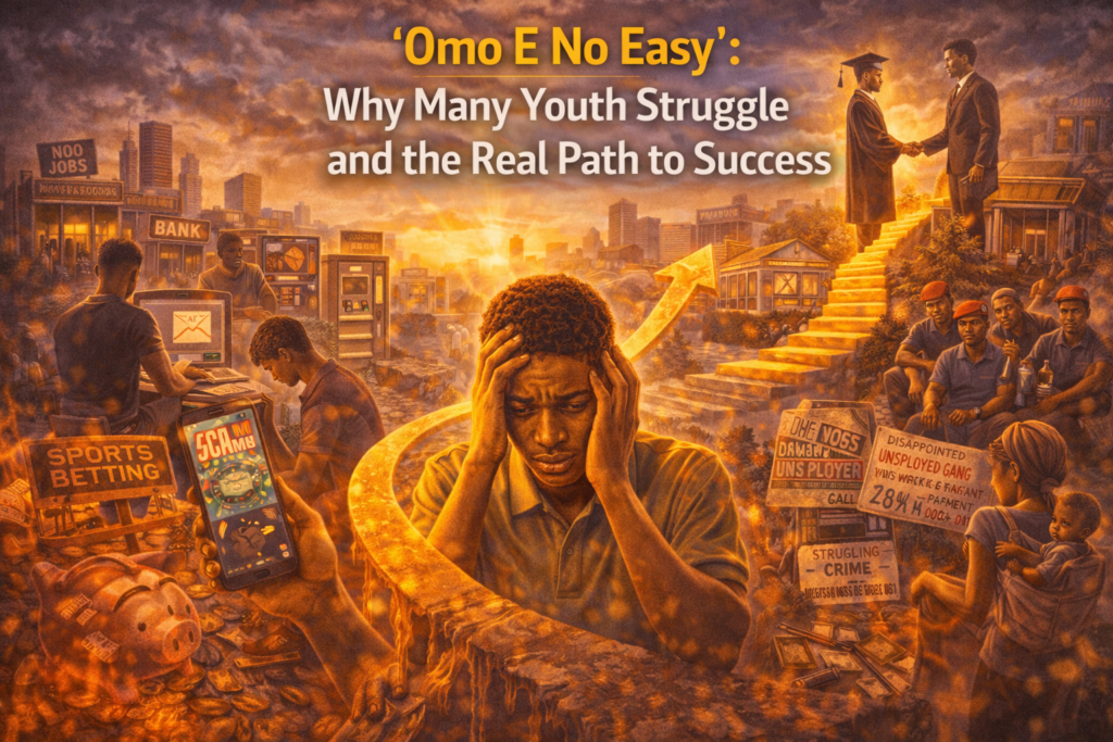 A dramatic illustration showing a distressed young man holding his head amid scenes of unemployment, scams, sports betting, and financial struggle, contrasted with symbols of education, mentorship, and upward mobility, representing why many youths struggle and the path to success.
