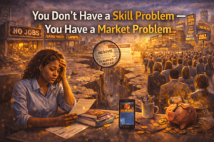 An illustration showing a stressed professional reviewing job rejections in a market filled with “no jobs,” “hiring freeze,” and “no demand” signs, contrasted with crowds chasing limited opportunities, symbolizing the gap between having skills and finding market demand.