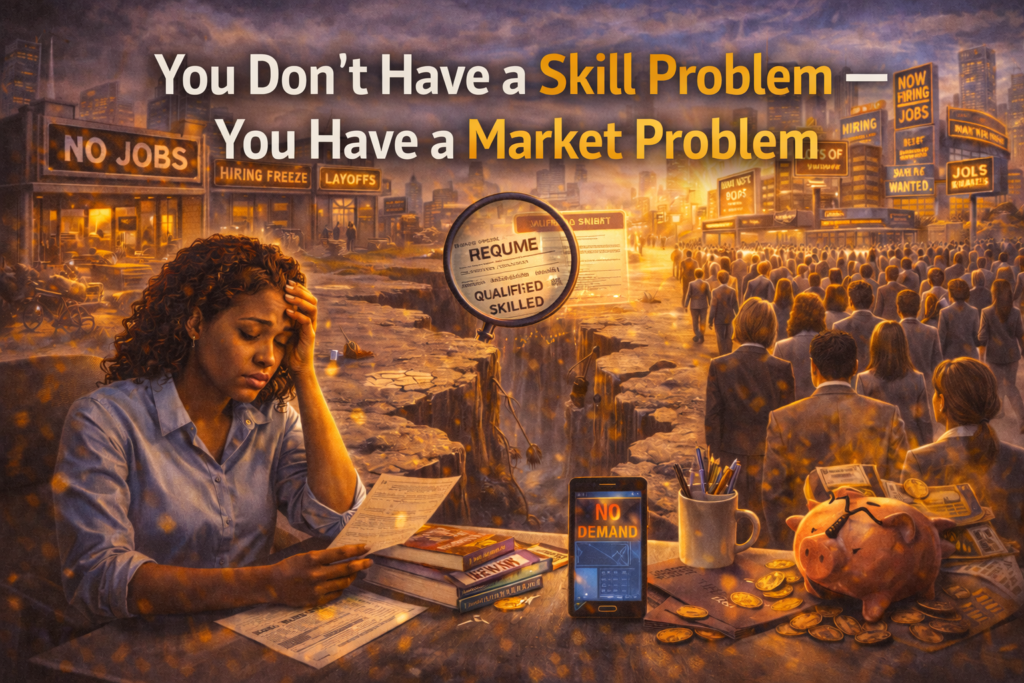An illustration showing a stressed professional reviewing job rejections in a market filled with “no jobs,” “hiring freeze,” and “no demand” signs, contrasted with crowds chasing limited opportunities, symbolizing the gap between having skills and finding market demand.