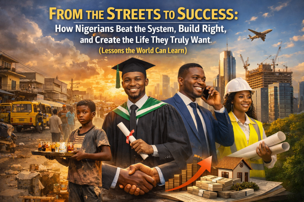 A composite image showing Nigerians transitioning from street hustling to professional success, featuring a street vendor child, a university graduate holding a certificate, a businessman on a phone call, and a female engineer with blueprints against an urban skyline symbolizing growth and progress.

