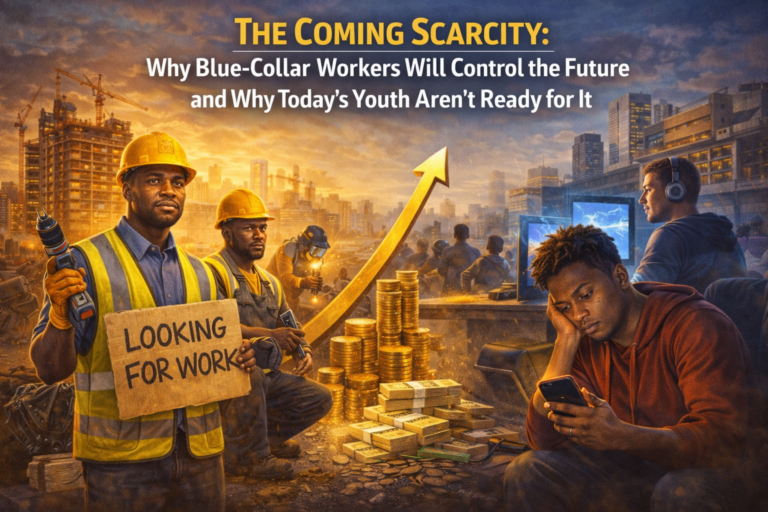 A split-scene illustration showing an unemployed man holding a “looking for work” sign in a gritty urban setting contrasted with a confident businessman holding a glowing lightbulb beside stacks of money and an upward arrow, symbolizing the shift from job searching to opportunity creation.