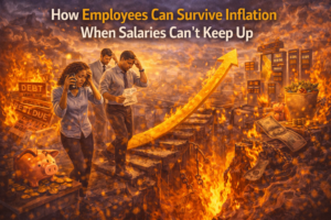 An illustration showing stressed employees walking through a fiery economic landscape marked by rising prices, debt, rent due notices, and declining savings, with an upward arrow symbolizing inflation outpacing stagnant salaries.