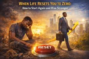A split-scene illustration showing a distressed man sitting among rubble with his head in his hands, contrasted with the same man walking confidently in a suit toward a modern city skyline, connected by a glowing “reset” button and an upward arrow symbolizing recovery and personal growth.