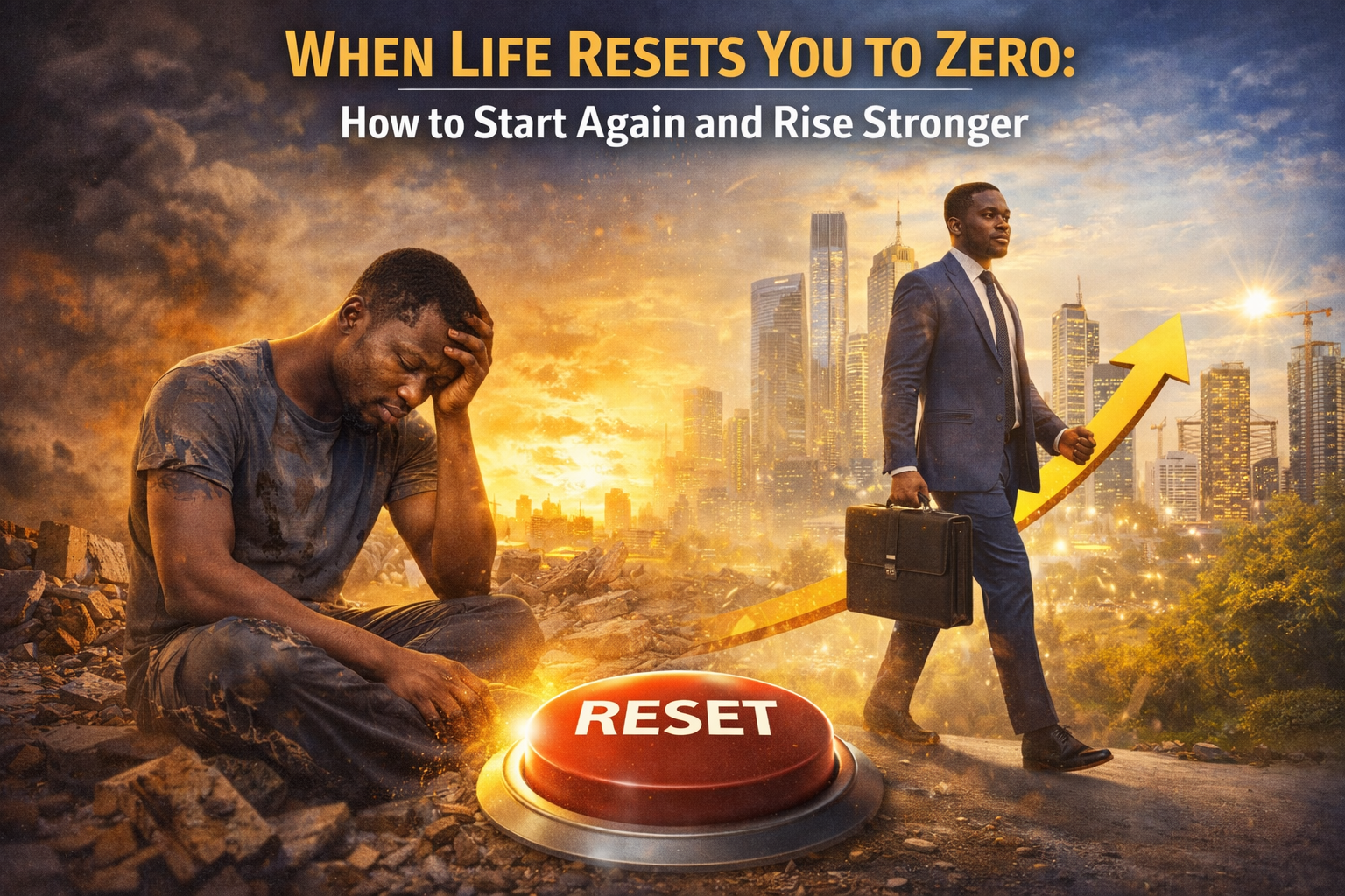 A split-scene illustration showing a distressed man sitting among rubble with his head in his hands, contrasted with the same man walking confidently in a suit toward a modern city skyline, connected by a glowing “reset” button and an upward arrow symbolizing recovery and personal growth.