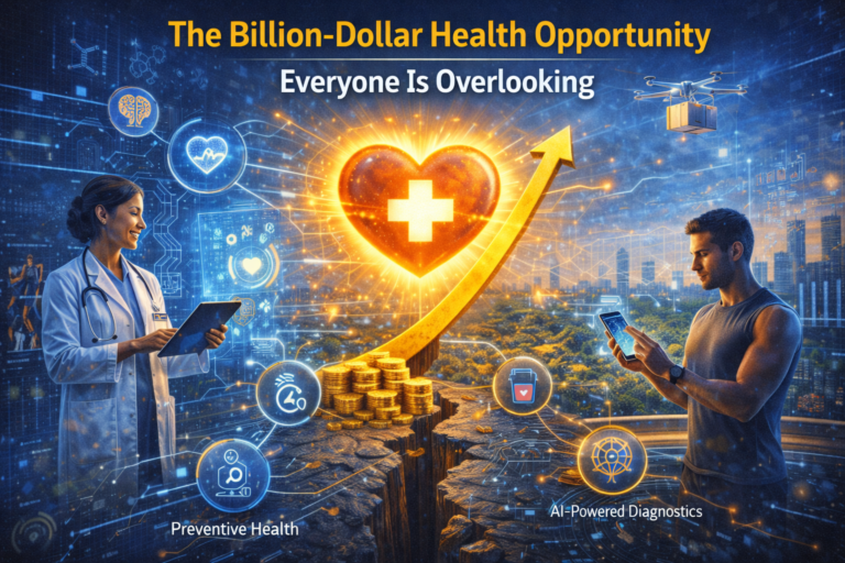A futuristic illustration showing a doctor using digital health technology and an individual tracking health data on a smartphone, connected by a glowing heart with a medical cross, rising coins, and an upward arrow, representing the growing opportunity in preventive and AI-powered healthcare.