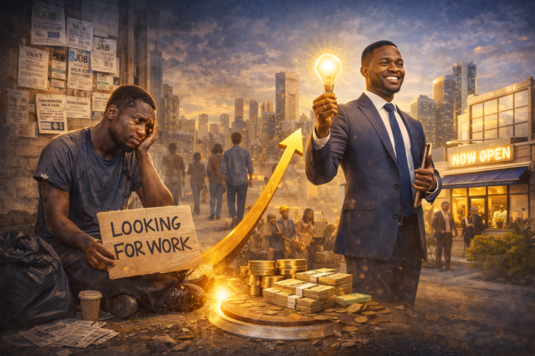 A dramatic illustration showing blue-collar construction workers in safety gear holding tools and a “looking for work” sign beside stacks of money and an upward arrow, contrasted with a young man sitting alone on his phone, symbolizing a growing labor scarcity and shifting economic power.