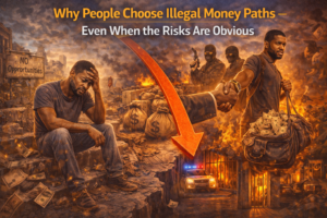 A dramatic illustration showing a distressed man sitting in a broken environment labeled “no opportunities,” contrasted with a dangerous illegal money path involving armed figures, bags of cash, police lights, and prison bars, symbolizing why people choose illegal income despite obvious risks.