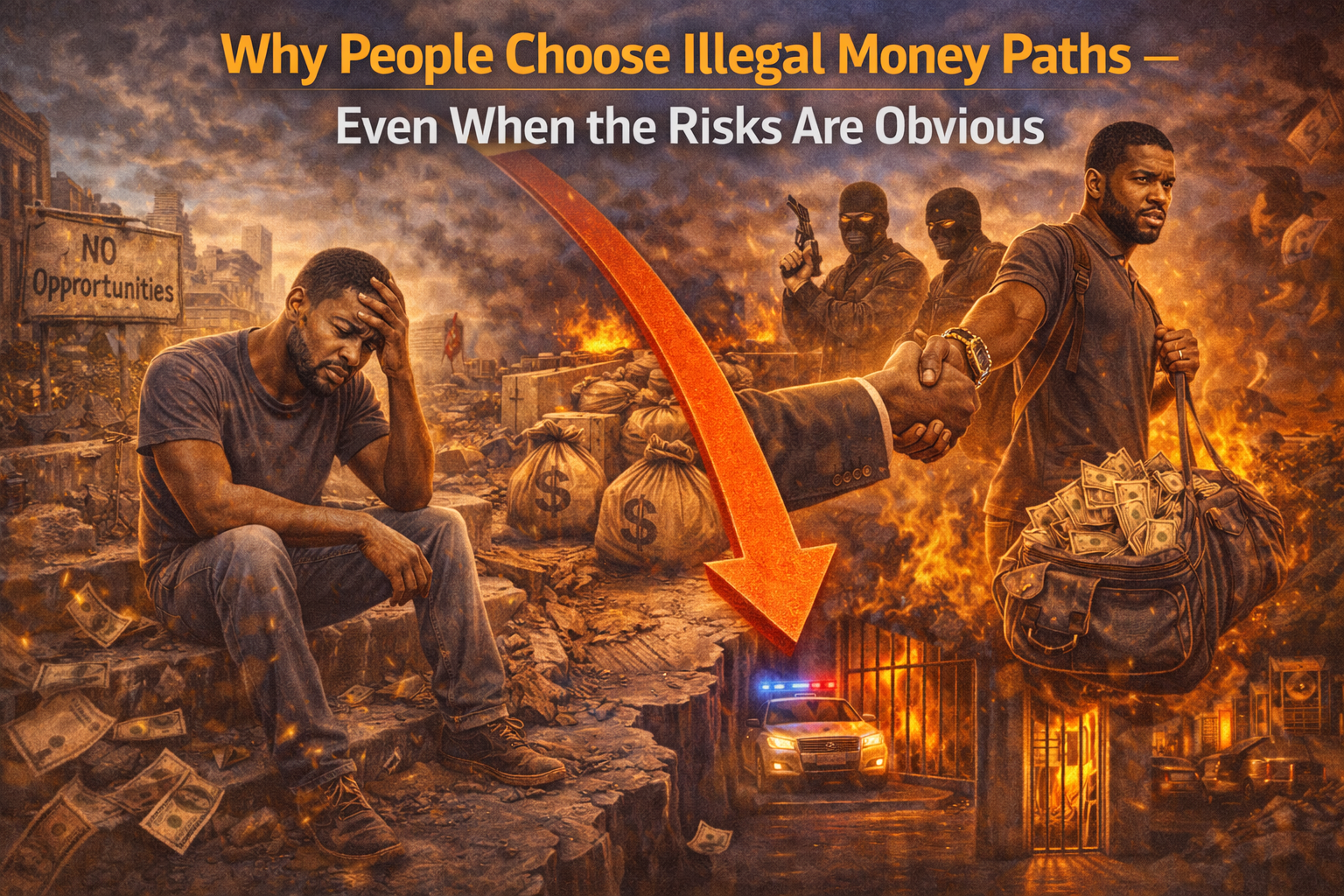 A dramatic illustration showing a distressed man sitting in a broken environment labeled “no opportunities,” contrasted with a dangerous illegal money path involving armed figures, bags of cash, police lights, and prison bars, symbolizing why people choose illegal income despite obvious risks.
