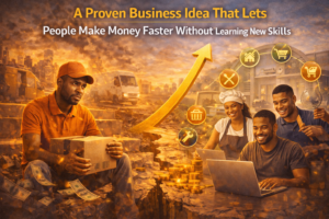 An illustration showing a delivery worker holding a package on one side and a small team using laptops and simple tools on the other, connected by an upward arrow, symbolizing a proven business model that helps people earn faster by leveraging existing skills and systems.