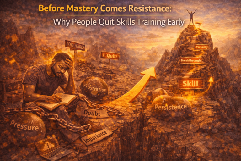 A visual showing a frustrated learner chained by doubt, impatience, and pressure, contrasted with a path of persistence leading to skill mastery and breakthrough success.
