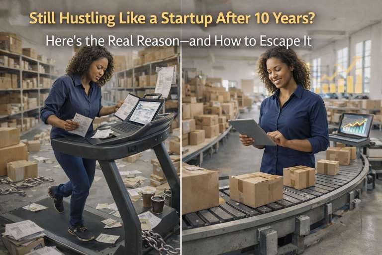 A split image showing a business owner overwhelmed and running in place versus the same owner calmly managing a structured warehouse system with visible growth charts