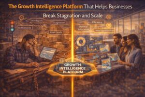 A split visual showing a struggling business owner facing bottlenecks and stagnation contrasted with a team using a growth intelligence platform to analyze data, optimize operations, and scale efficiently.