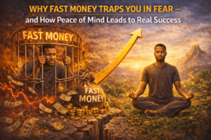 A symbolic image showing a man trapped inside a burning cage labeled “fast money,” surrounded by falling cash and volatility, contrasted with the same man meditating peacefully in nature beside an upward arrow, representing fear-based wealth versus peace-driven success.