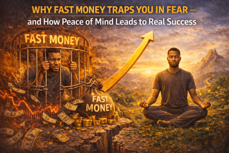 A symbolic image showing a man trapped inside a burning cage labeled “fast money,” surrounded by falling cash and volatility, contrasted with the same man meditating peacefully in nature beside an upward arrow, representing fear-based wealth versus peace-driven success.