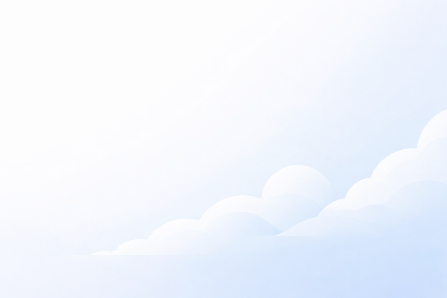 Minimalist white website hero background with a soft light-blue gradient and subtle cloud-like shapes in the lower corner.