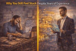 A split image showing a frustrated professional overwhelmed by work on one side and a confident business leader analyzing structured data and growth metrics on the other.