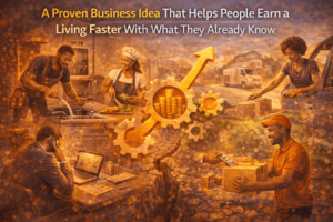 A visual showing people using everyday skills—cooking, repair work, delivery, and business coordination—transformed into a structured system that generates higher income and sustainable living.