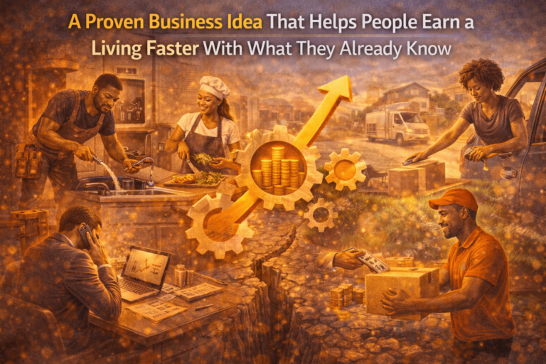 A visual showing people using everyday skills—cooking, repair work, delivery, and business coordination—transformed into a structured system that generates higher income and sustainable living.