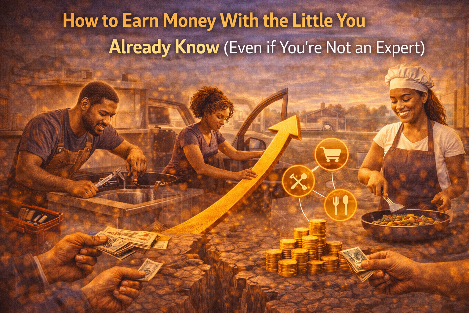 A visual showing individuals using everyday skills like cooking and repair work to generate higher income, symbolizing how simple knowledge can be structured into profitable opportunities.