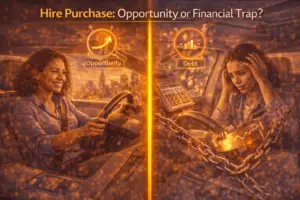 A split image showing a person happily using a car through hire purchase as an opportunity contrasted with another person stressed by debt and financial pressure caused by hire purchase payments.
