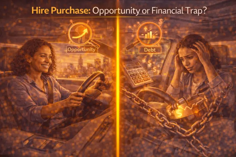 A split image showing a person happily using a car through hire purchase as an opportunity contrasted with another person stressed by debt and financial pressure caused by hire purchase payments.