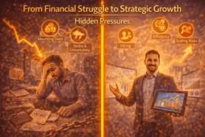 A split image showing a stressed person dealing with mounting debt and financial pressure contrasted with a confident business owner achieving growth through hiring, efficiency, and scaling strategies.