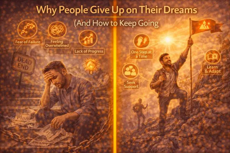 A split image showing a discouraged person giving up on their dreams due to fear of failure, feeling overwhelmed, and lack of progress contrasted with a determined person climbing a mountain by taking small steps, seeking support, and learning along the way.