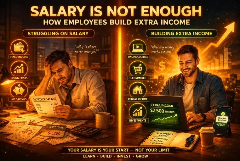 A split image showing an employee struggling with fixed income, rising costs, and debt contrasted with the same person building extra income through online courses, e-commerce, rental income, and investments.