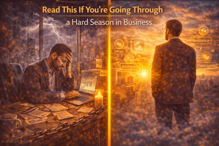 A split image showing a stressed business owner working late during a financial storm contrasted with the same leader confidently overlooking a city with symbols of resilience, planning, and opportunity.