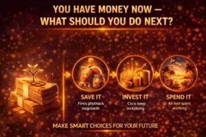 A visual showing money choices after earning income, including saving money, investing for growth, and spending, emphasizing the importance of making smart financial decisions.