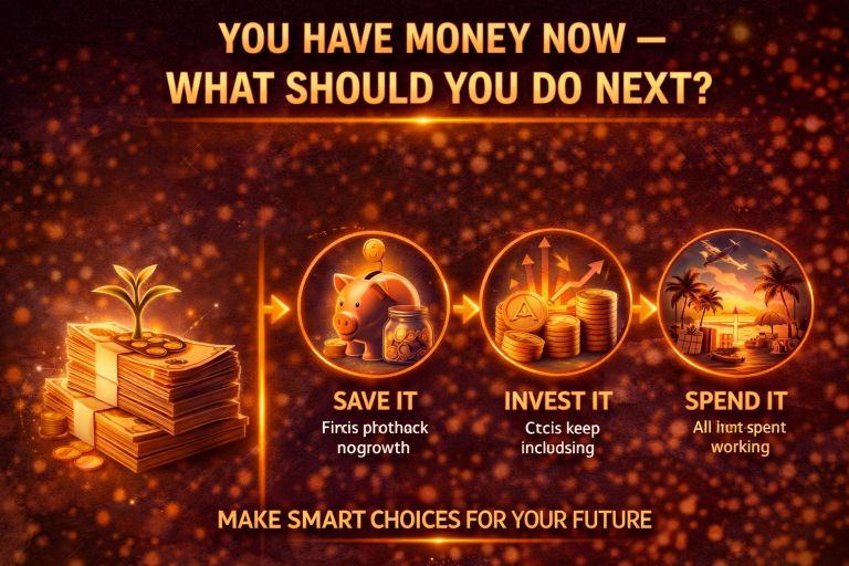 A visual showing money choices after earning income, including saving money, investing for growth, and spending, emphasizing the importance of making smart financial decisions.