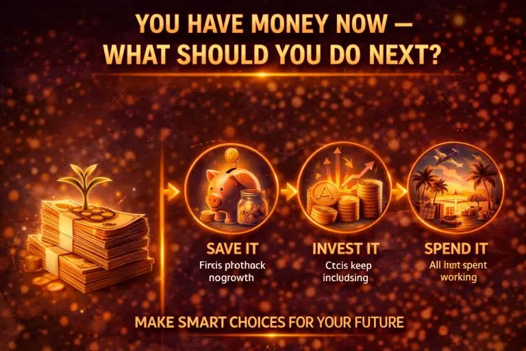 A visual showing money choices after earning income, including saving money, investing for growth, and spending, emphasizing the importance of making smart financial decisions.
