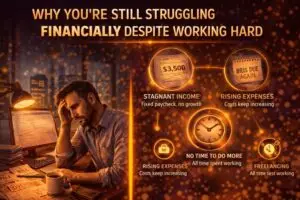 A split image showing a stressed person overwhelmed by bills and financial pressure contrasted with key reasons for financial struggle, including stagnant income, rising expenses, limited time, and ineffective side efforts.