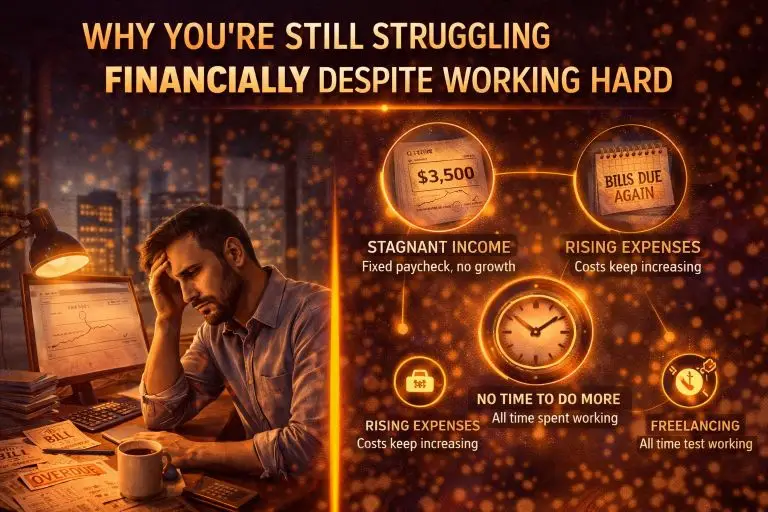 A split image showing a stressed person overwhelmed by bills and financial pressure contrasted with key reasons for financial struggle, including stagnant income, rising expenses, limited time, and ineffective side efforts.