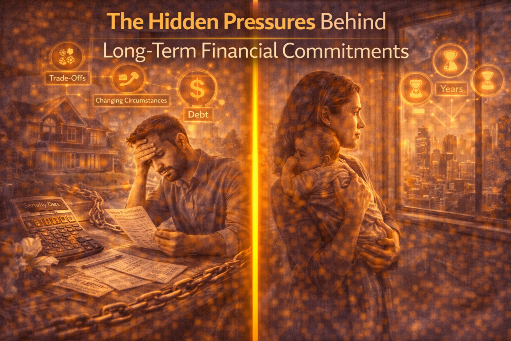 A split image showing a stressed person overwhelmed by debt and financial documents contrasted with a parent holding a child while looking at the future, illustrating the long-term pressures of financial commitments over time.