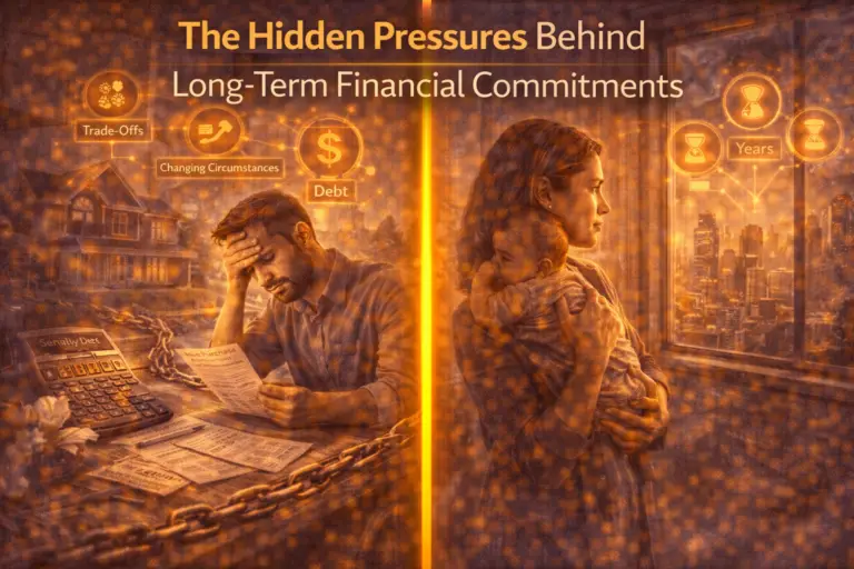 A split image showing a stressed person overwhelmed by debt and financial documents contrasted with a parent holding a child while looking at the future, illustrating the long-term pressures of financial commitments over time.