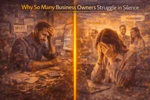 A split image showing stressed business owners working in isolation contrasted with a public scene of people claiming business success while someone privately struggles behind the scenes.