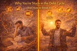A split image showing a stressed person trapped in debt with high interest, minimum payments, and overdue bills contrasted with a confident person breaking free from chains by reducing spending, paying off debt faster, and seeking financial advice.