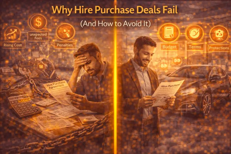 A split image showing a stressed person overwhelmed by hidden hire purchase costs and penalties contrasted with another person confidently reviewing a hire purchase agreement with proper budgeting and clear terms.