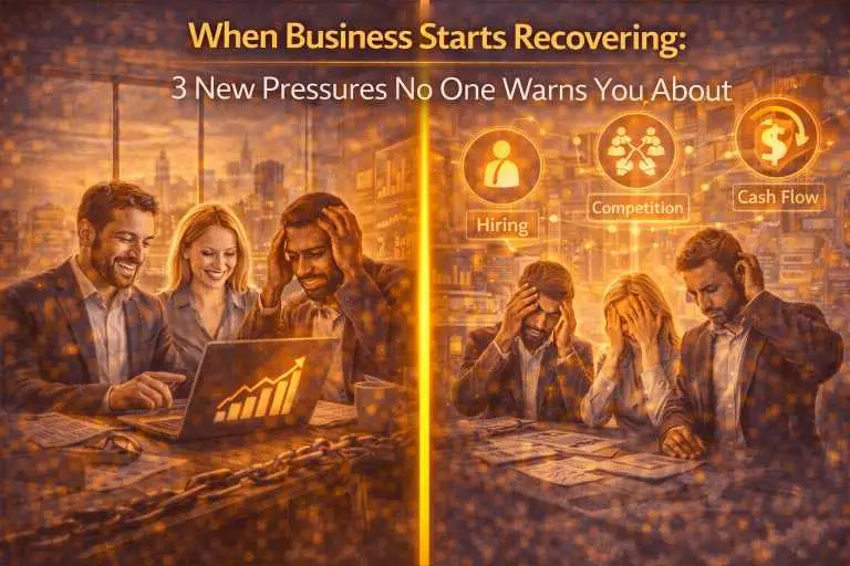 A split image showing a business team celebrating rising revenue contrasted with the same team stressed by new pressures such as hiring, competition, and cash flow challenges.