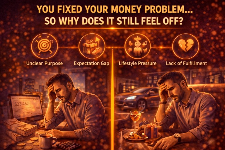 A visual of a man who has improved his financial situation but still feels unfulfilled, highlighting factors like unclear purpose, expectation gap, lifestyle pressure, and lack of fulfillment despite having money.
