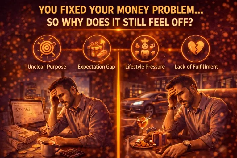 A visual of a man who has improved his financial situation but still feels unfulfilled, highlighting factors like unclear purpose, expectation gap, lifestyle pressure, and lack of fulfillment despite having money.