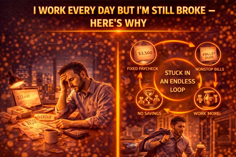 A visual illustrating a man stressed about finances despite working daily, showing a cycle of fixed income, nonstop bills, no savings, and continuous work that keeps him stuck in a financial loop.