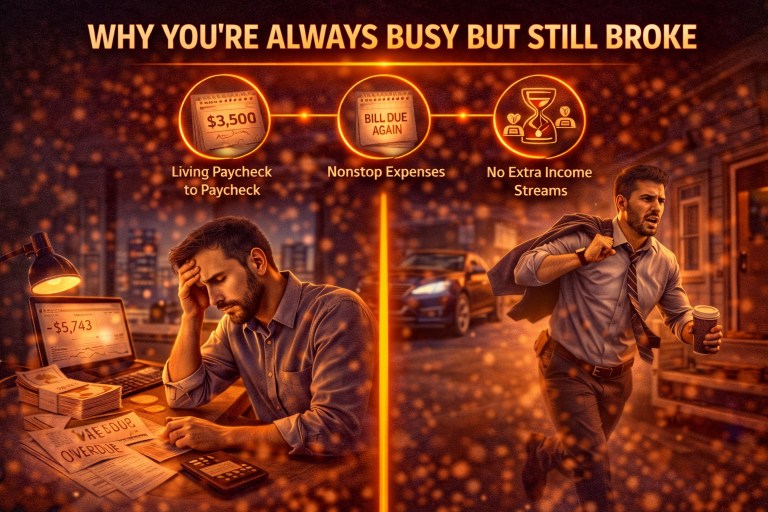 A visual showing a stressed man managing bills and debt while another version of him rushes to work, illustrating the cycle of living paycheck to paycheck, nonstop expenses, and lack of additional income streams.